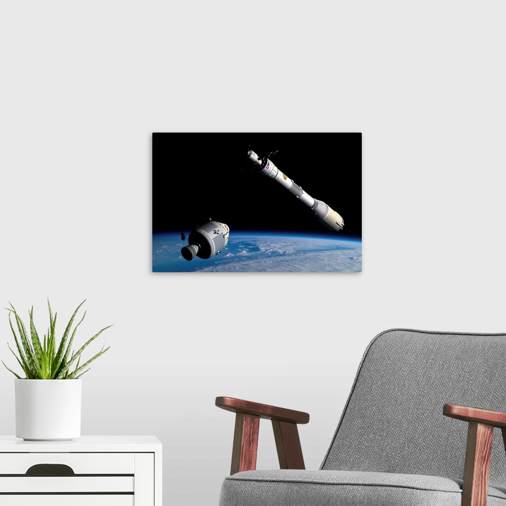 A modern room featuring A command module approaches an awaiting rocket in Earth orbit.