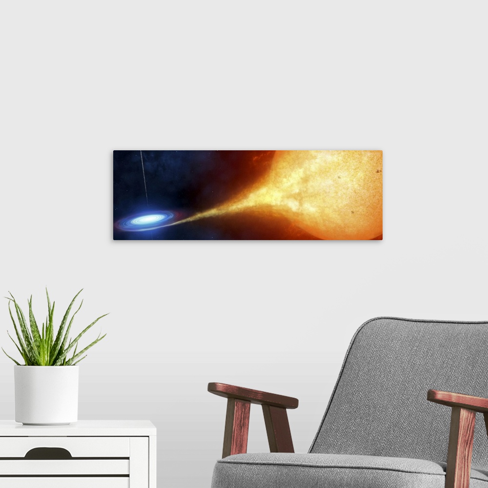 A modern room featuring A compact object, or a black hole, is seen ripping off gas from its' sun-like companion that has ...