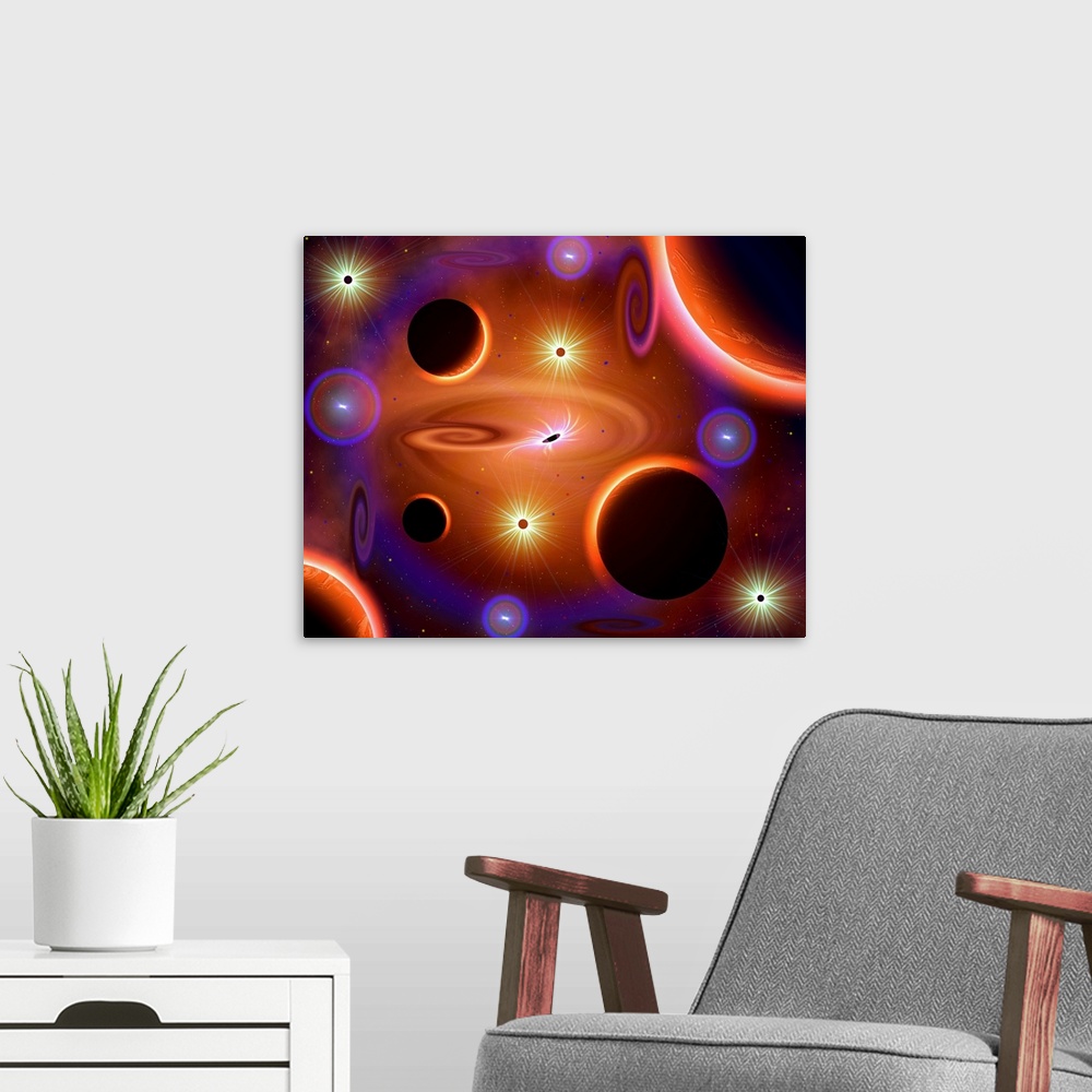 A modern room featuring Artist's concept of a cosmic place where time and space fuse into a multitude of possibilities, b...