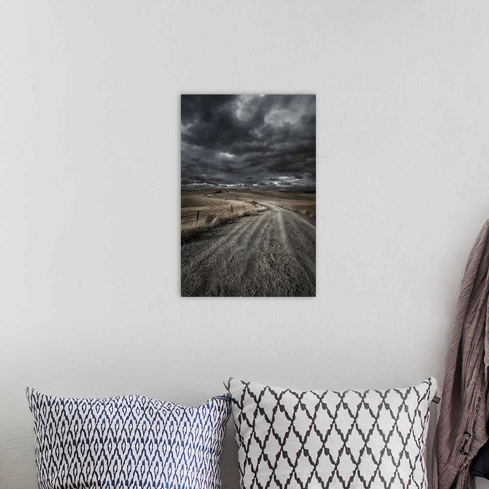 A bohemian room featuring A country road in field with stormy sky above, Tuscany, Italy.