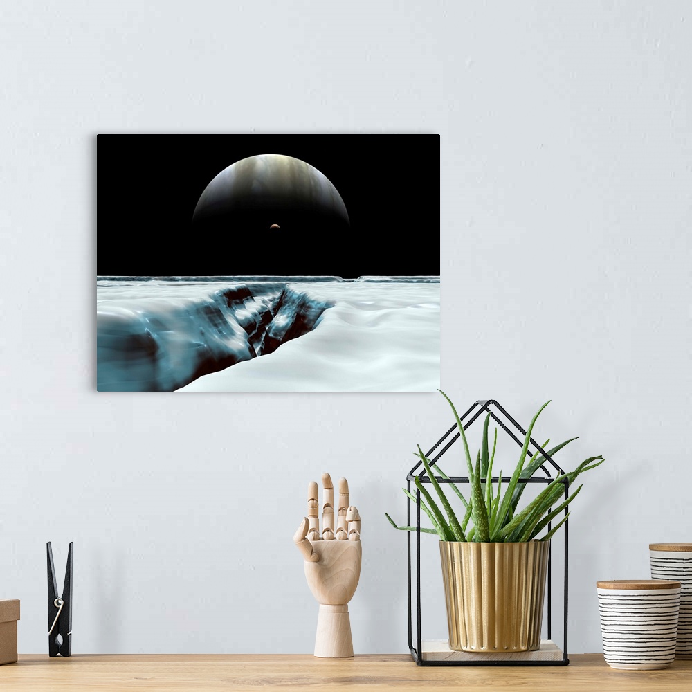A bohemian room featuring A crescent Jupiter hovers near the horizon along with Jupiter's volcanic satellite Io. In the for...
