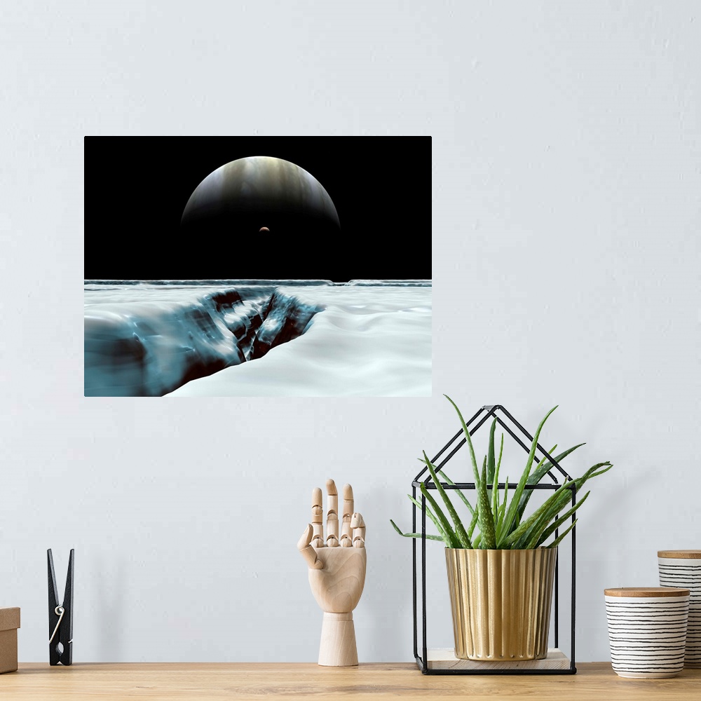 A bohemian room featuring A crescent Jupiter hovers near the horizon along with Jupiter's volcanic satellite Io. In the for...