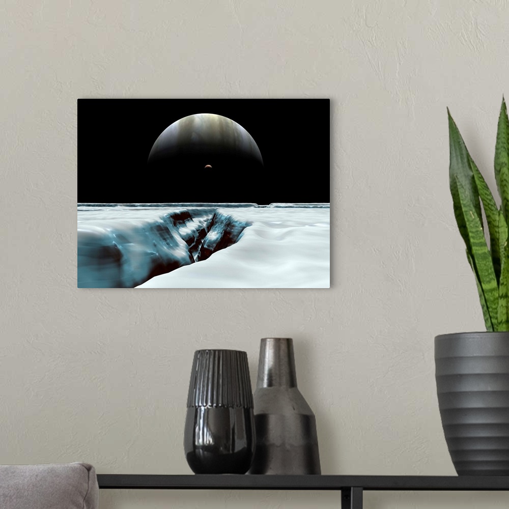A modern room featuring A crescent Jupiter hovers near the horizon along with Jupiter's volcanic satellite Io. In the for...