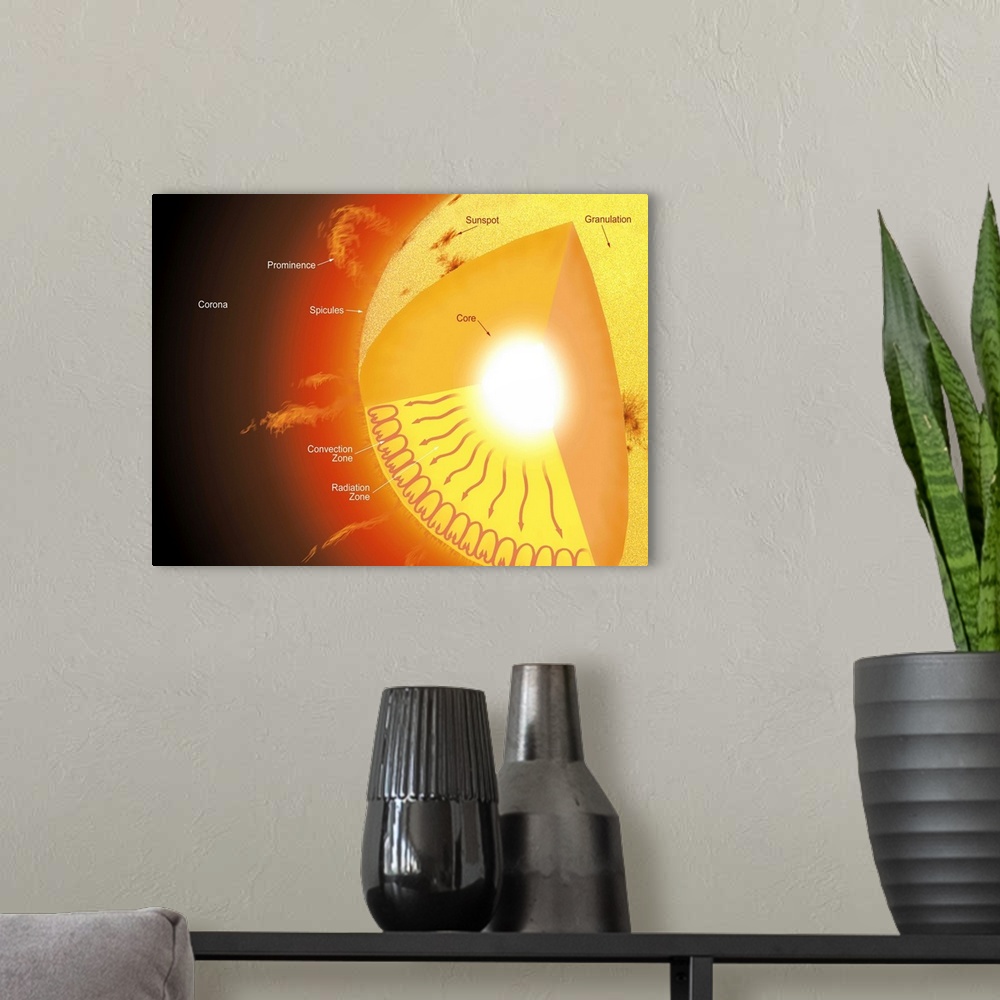 A modern room featuring A cutaway view of the sun, showing its different parts and the currents that flow within it.