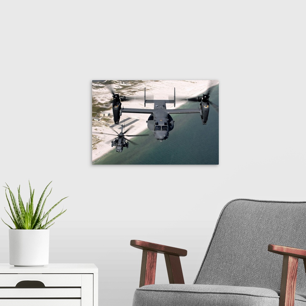 A modern room featuring Picture taken from above two military aircrafts as they fly over the ocean and coastline off Flor...