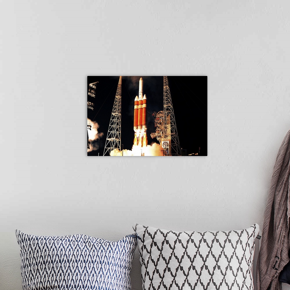 A bohemian room featuring A Delta IV Heavy rocket lifts off