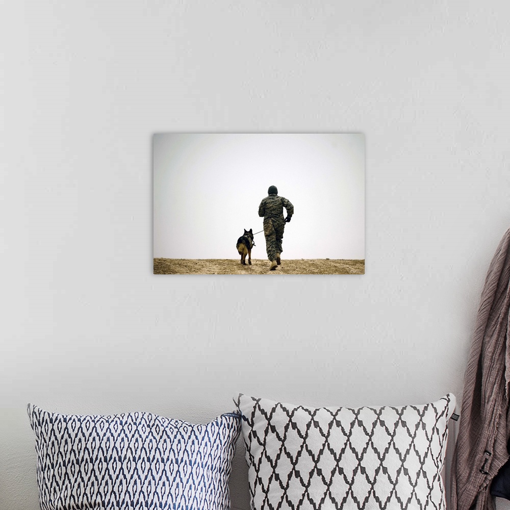 A bohemian room featuring A dog handler and his military working dog take a brisk walk.
