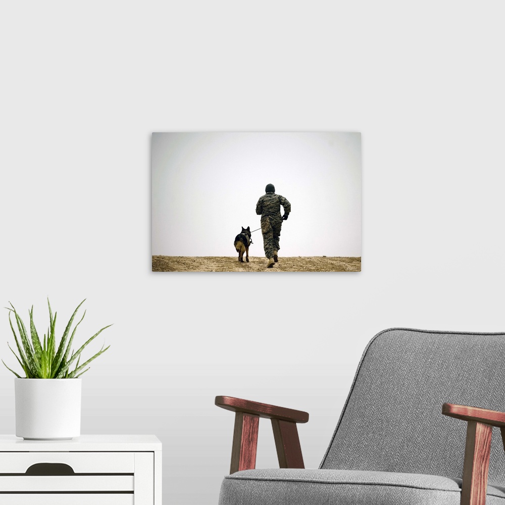 A modern room featuring A dog handler and his military working dog take a brisk walk.
