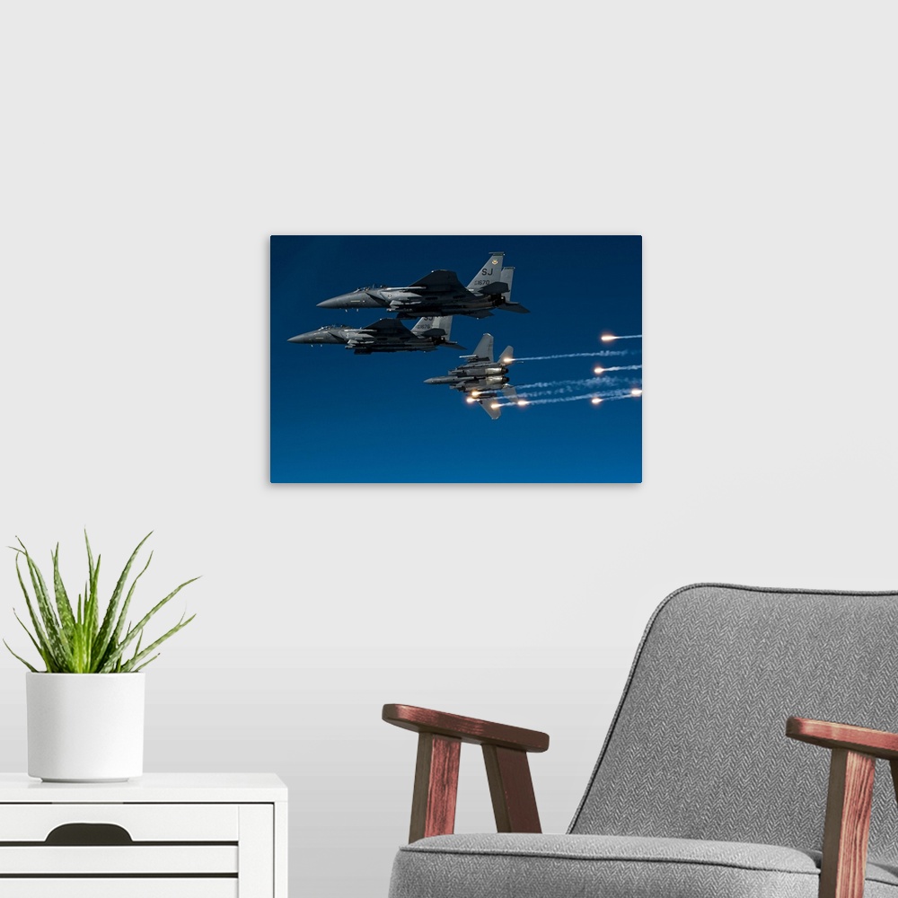 A modern room featuring December 17, 2010 - A U.S. Air Force F-15E Strike Eagle aircraft releases flares during a local t...