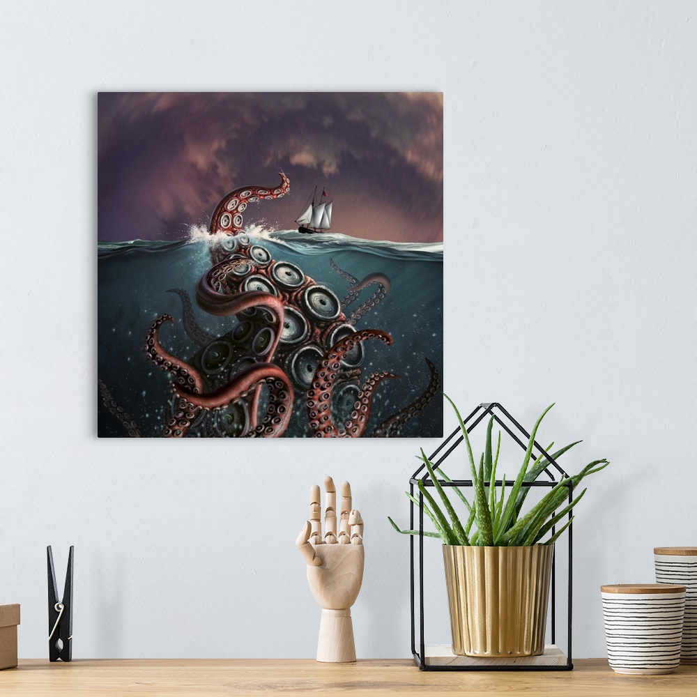 A bohemian room featuring A fantastical depiction of the legendary Kraken.