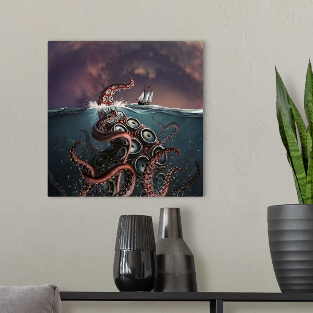 A modern room featuring A fantastical depiction of the legendary Kraken.
