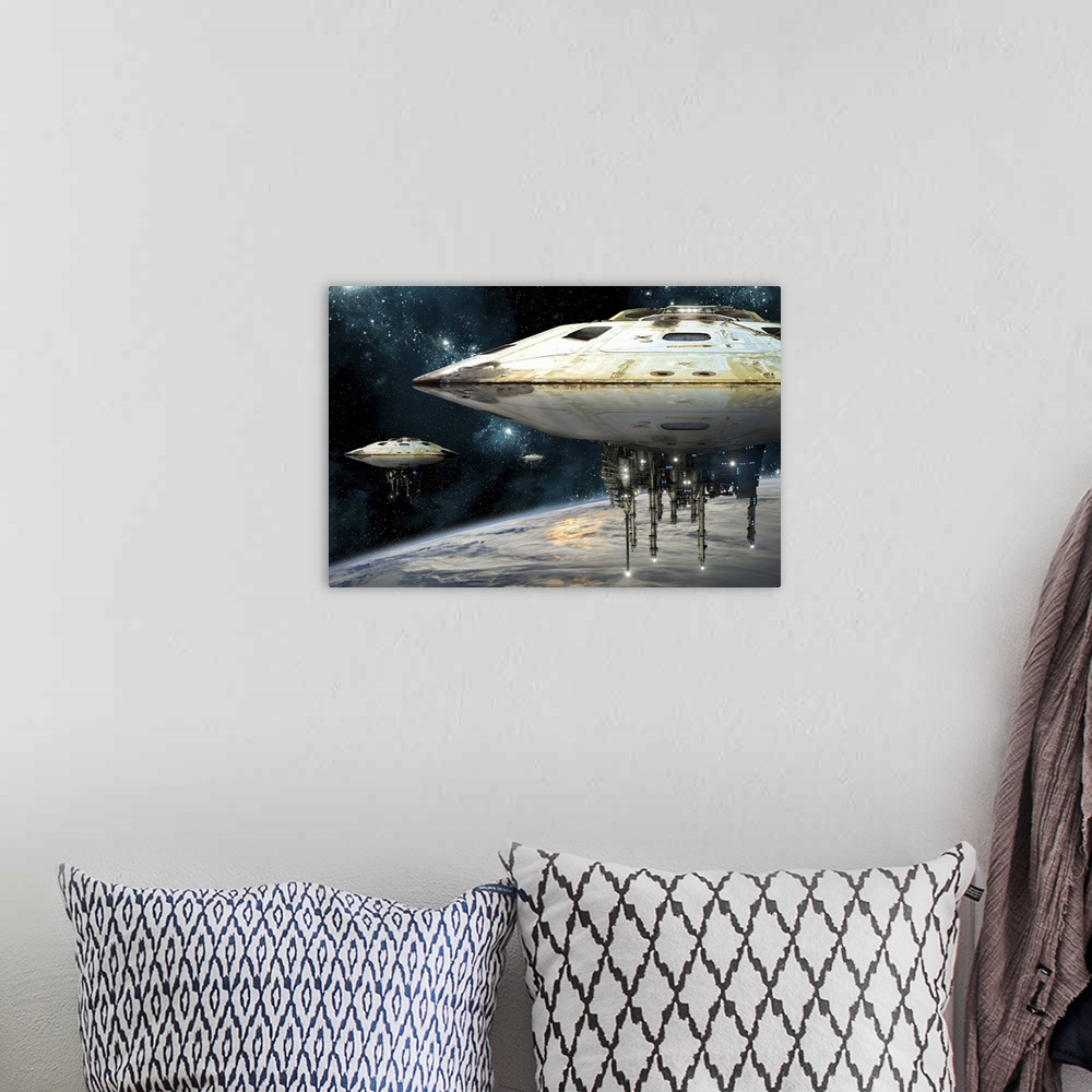 A bohemian room featuring A fleet of massive spaceships take position over Earth for a coming invasion.