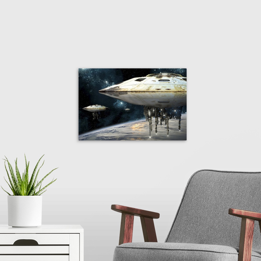 A modern room featuring A fleet of massive spaceships take position over Earth for a coming invasion.