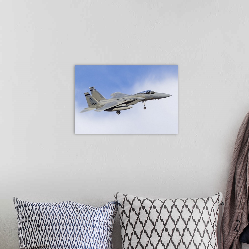 A bohemian room featuring A Florida Air National Guard F-15C Eagle turns to final approach at Nellis Air Force Base, Nevada.