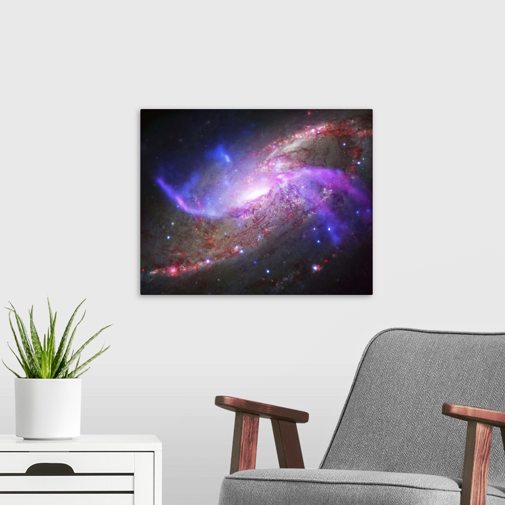 A modern room featuring A galactic light show in spiral galaxy NGC 4258, also known as M106, about 23 million light years...