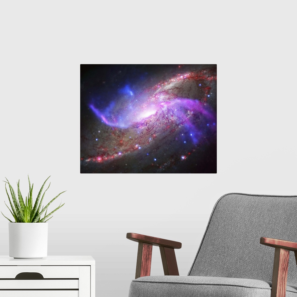 A modern room featuring A galactic light show in spiral galaxy NGC 4258, also known as M106, about 23 million light years...