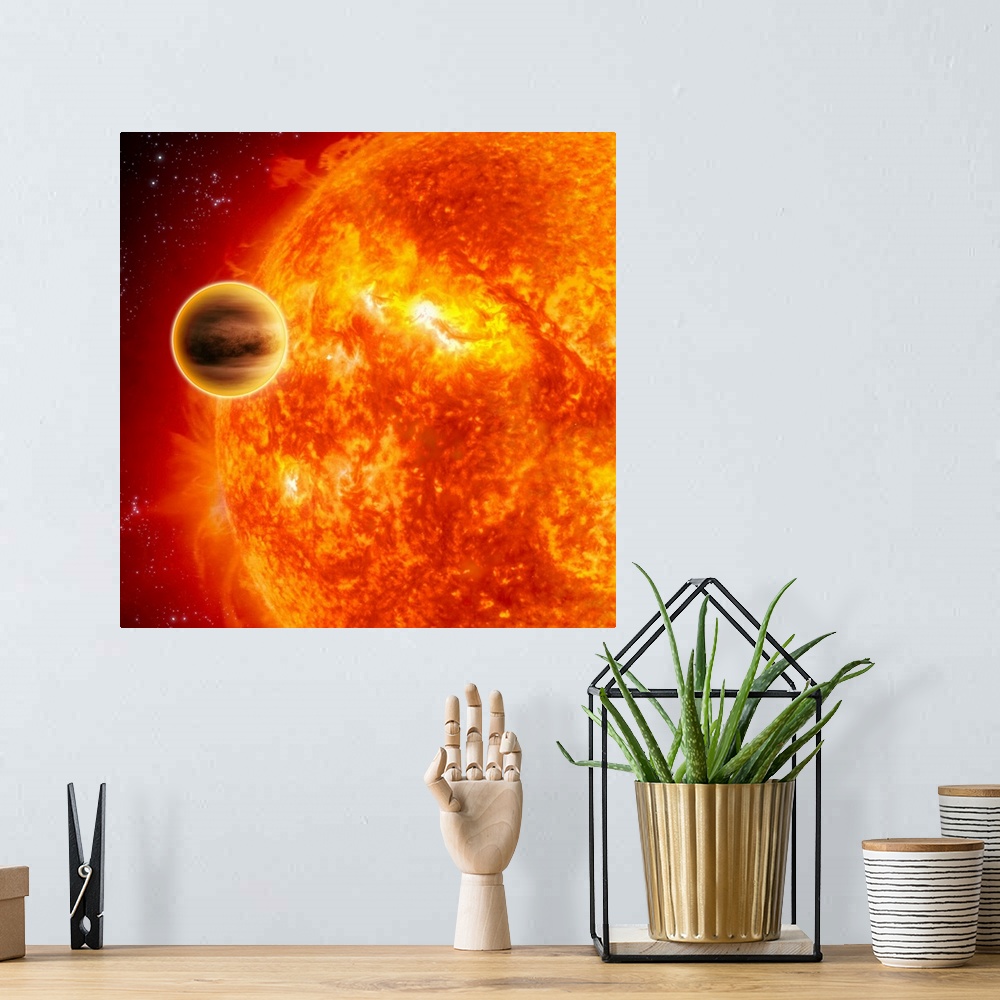 A bohemian room featuring A gasgiant exoplanet transiting across the face of its star