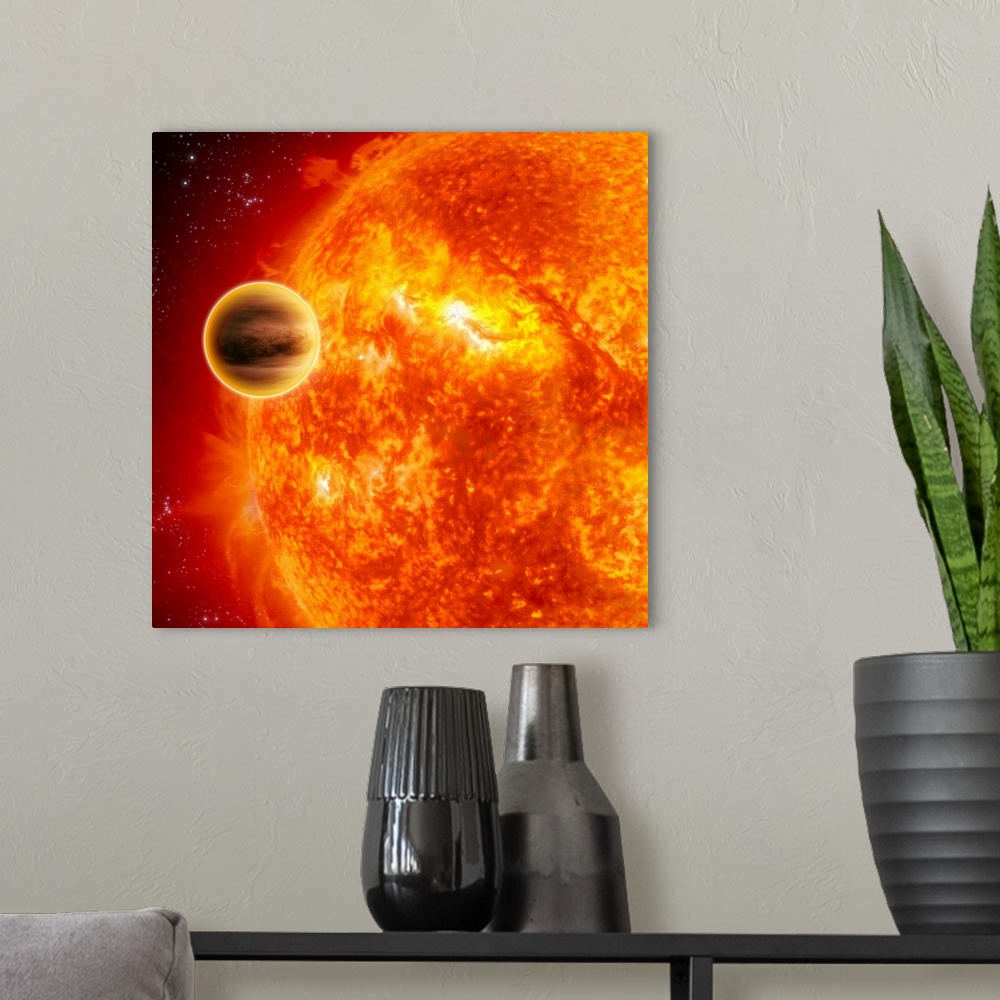 A modern room featuring A gasgiant exoplanet transiting across the face of its star