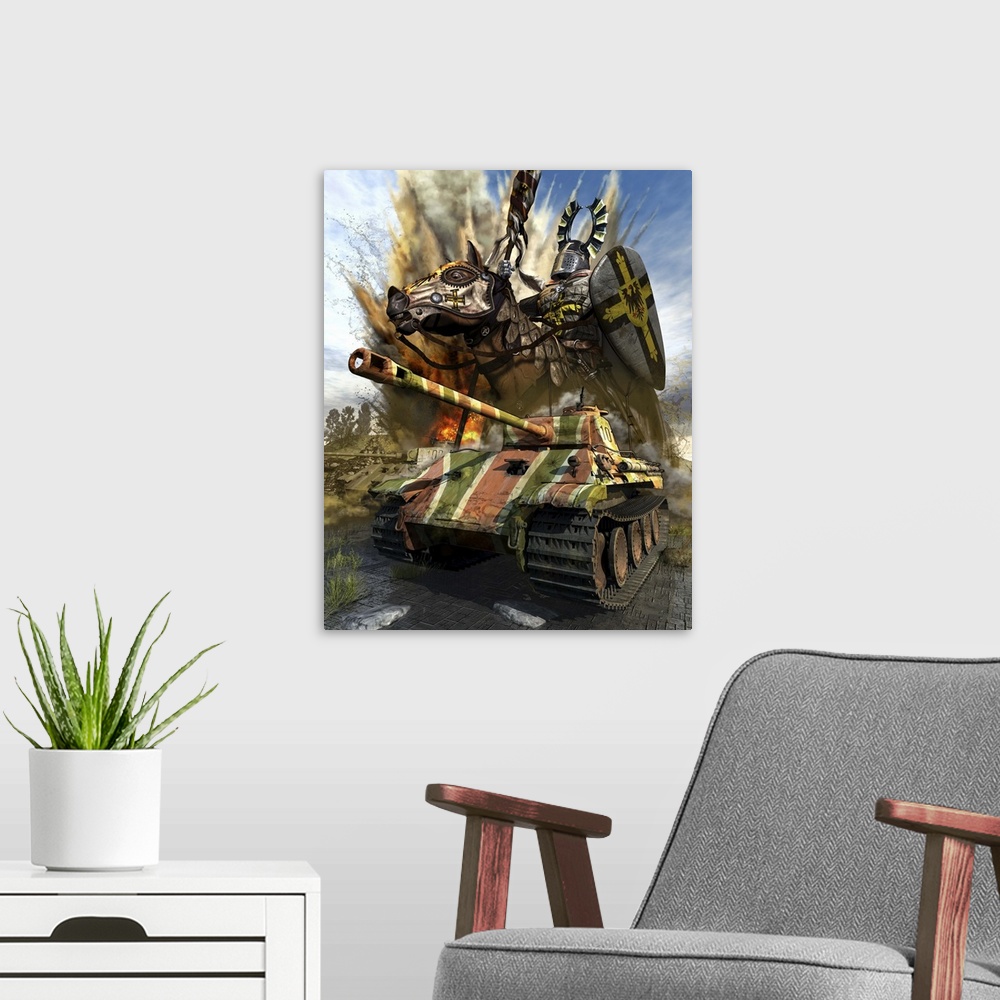 A modern room featuring A WWII German Panzer V, Panther, approaching the front lines with a spiritual force of the Teuton...