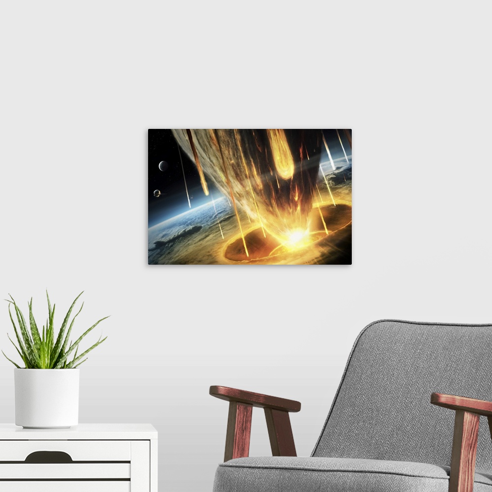 A modern room featuring A giant asteroid collides with the earth