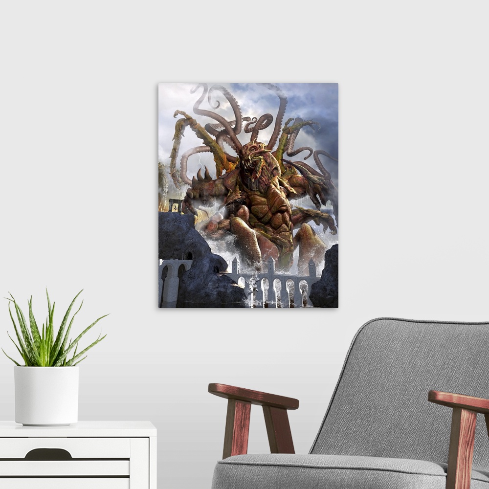 A modern room featuring A giant Kraken emerging out of the ocean shore to feast on the chosen one.