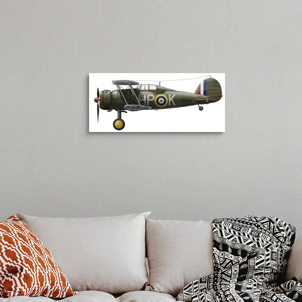 A bohemian room featuring A Gloster Gladiator MkII of 247 Squadron which saw active duty during the Battle of Britian.