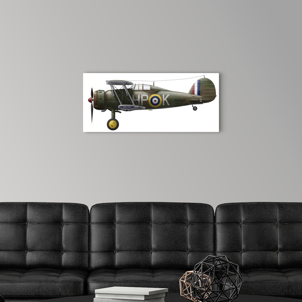 A modern room featuring A Gloster Gladiator MkII of 247 Squadron which saw active duty during the Battle of Britian.