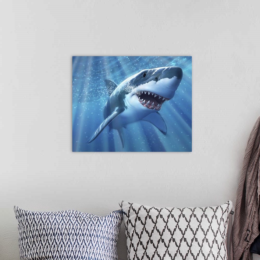 A bohemian room featuring A Great White Shark with sunrays just below the surface.