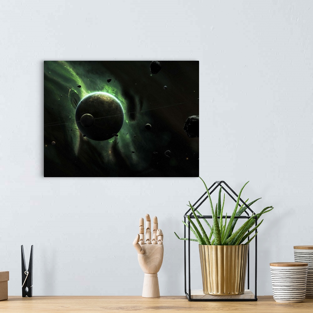 A bohemian room featuring A green planet surrounded by several larger and smaller moons.