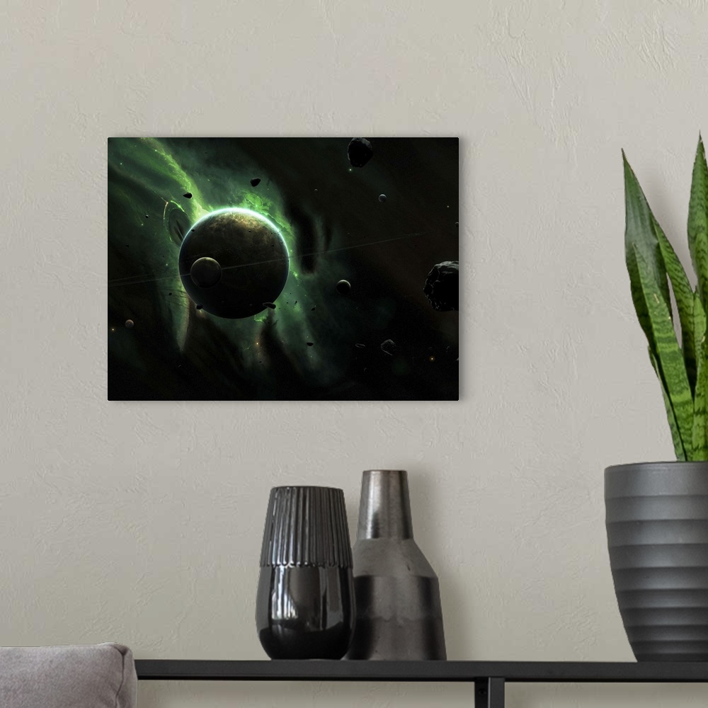 A modern room featuring A green planet surrounded by several larger and smaller moons.