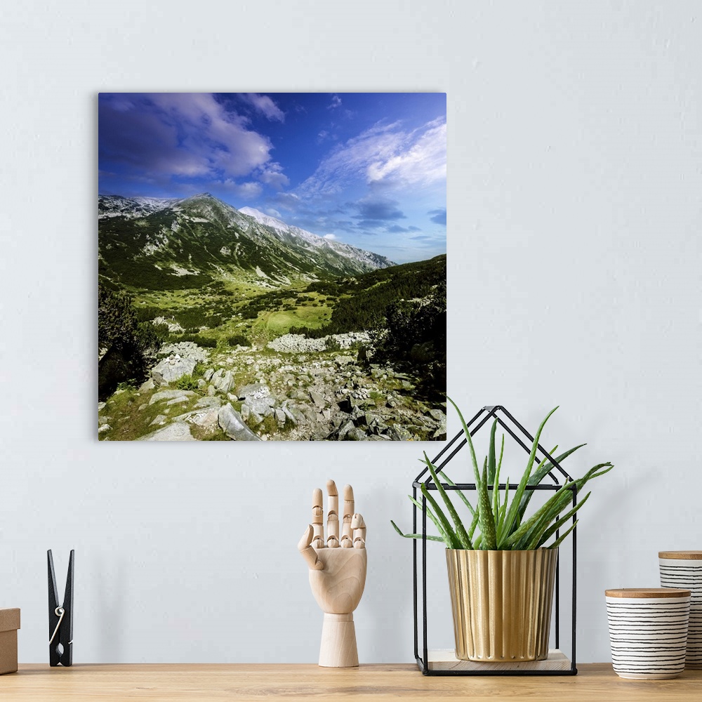 A bohemian room featuring A green valley through Pirin Mountains, Pirin National Park, Bansko, Bulgaria.