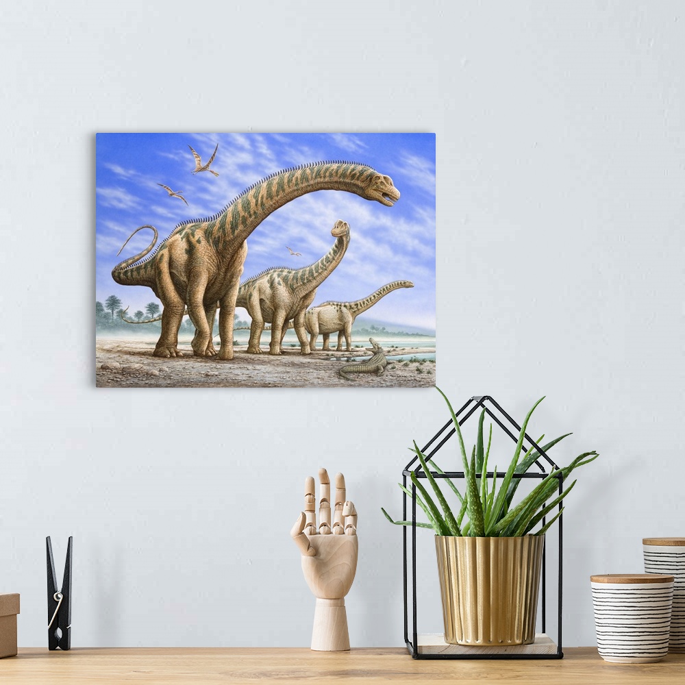 A bohemian room featuring A group of Argentinosaurus dinosaurs. Ornithocheirus fly overhead, while a Deinosuchus tries to s...