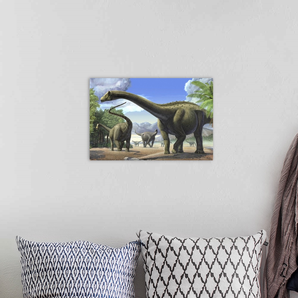 A bohemian room featuring A group of Tapuiasaurus macedoi dinosaurs.