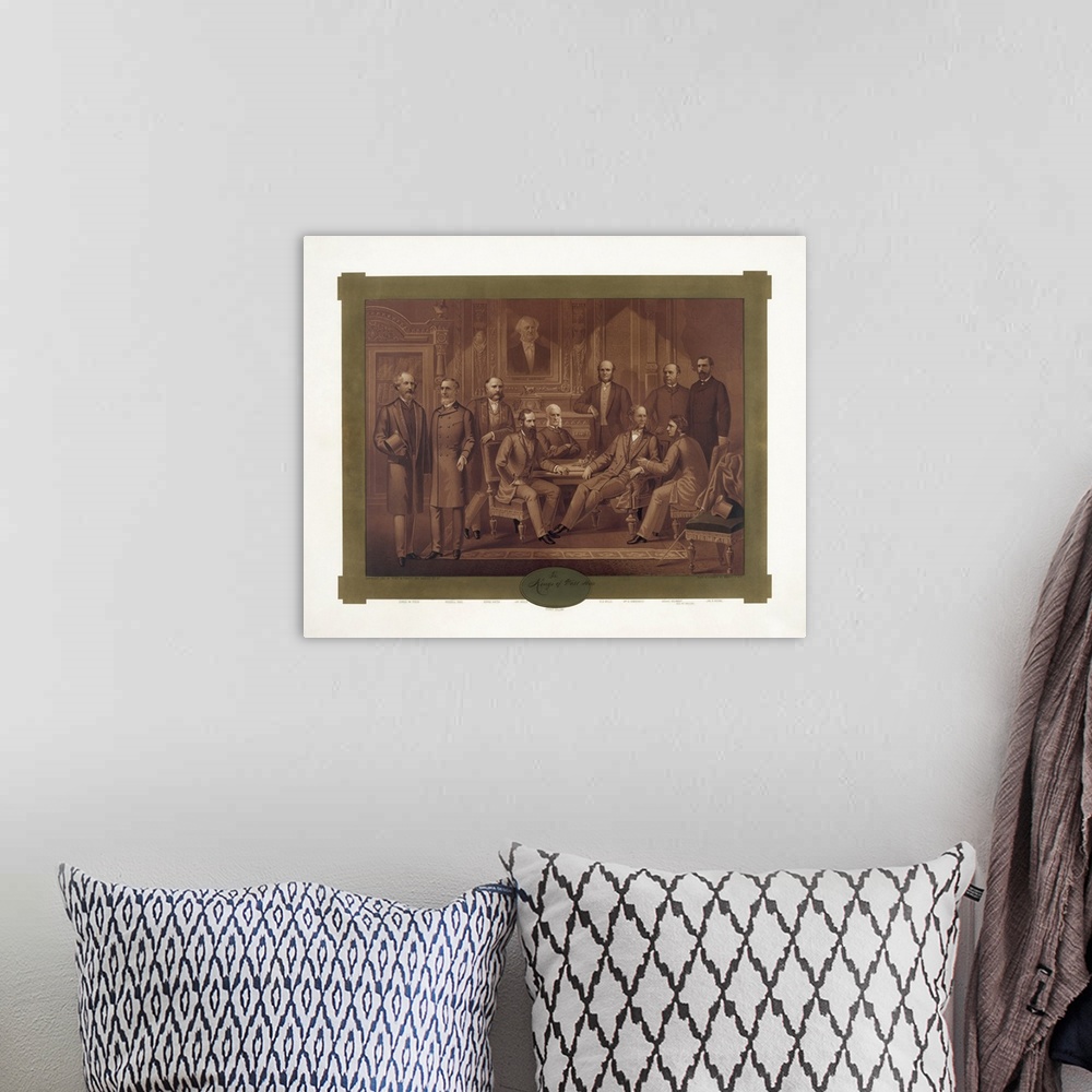 A bohemian room featuring A group portrait of the pioneers of the Wall Street and titans of industry.