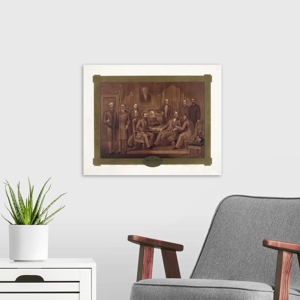 A modern room featuring A group portrait of the pioneers of the Wall Street and titans of industry.