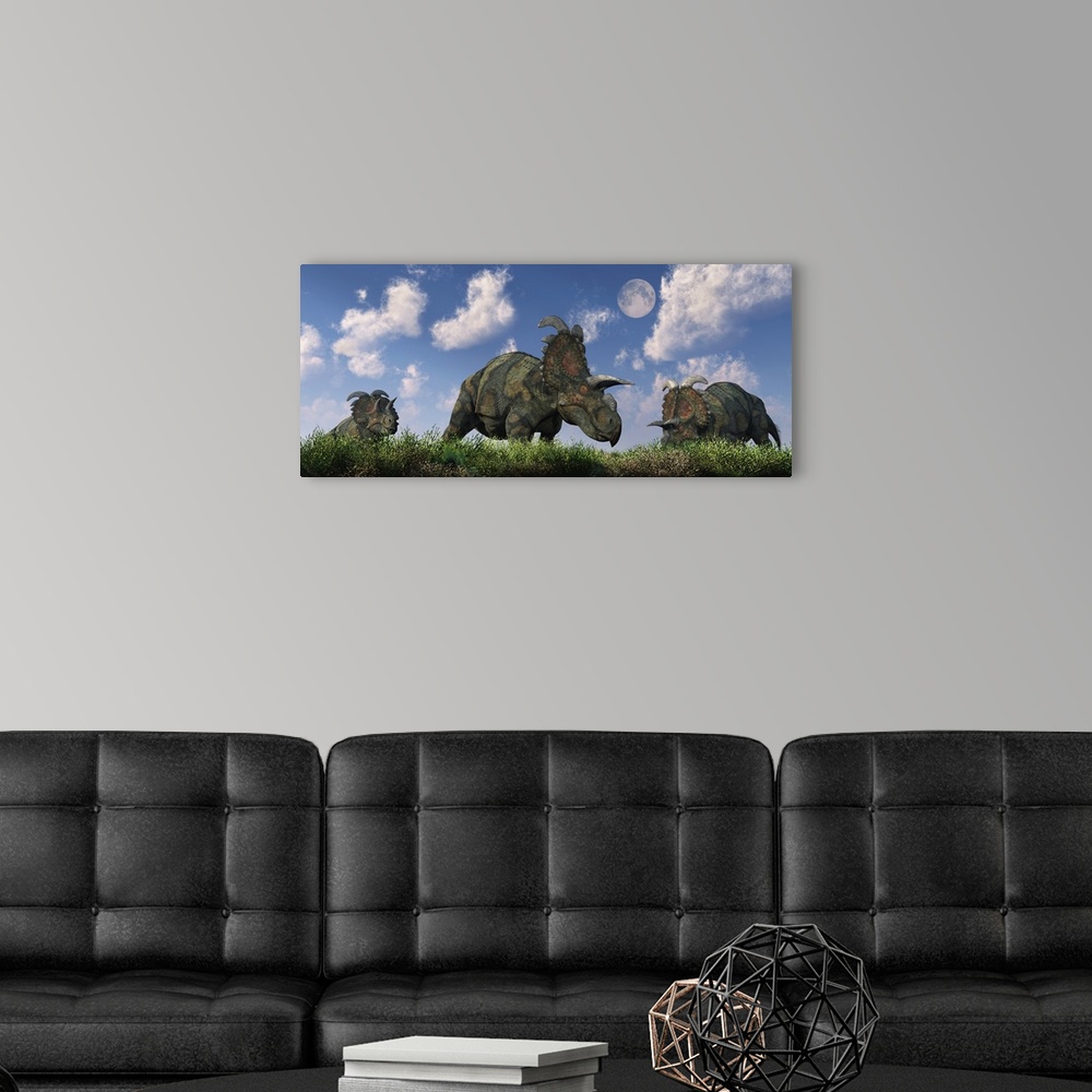 A modern room featuring A herd of Albertaceratops grazing on a Cretaceous landscape.