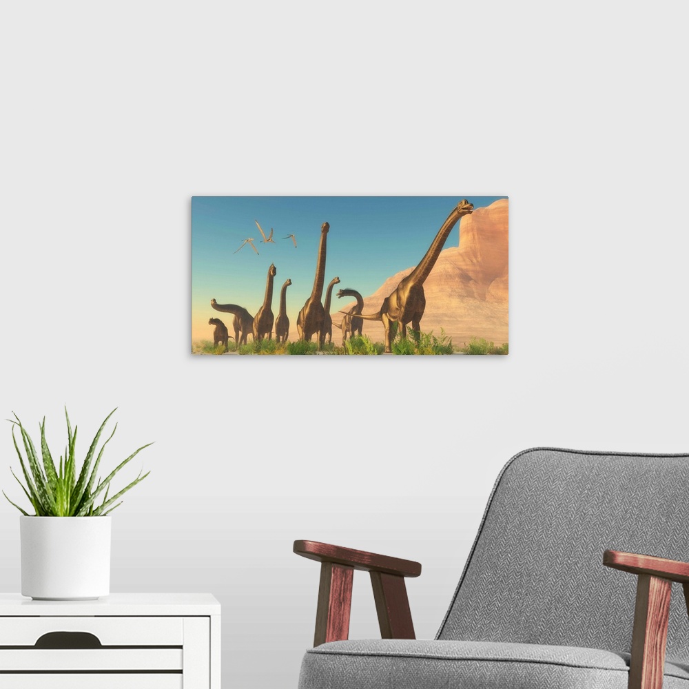 A modern room featuring A herd of Brachiosaurus travel near a canyon mountain.