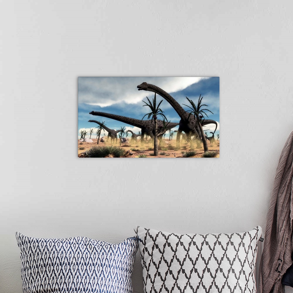A bohemian room featuring A herd of Diplodocus dinosaurs walking in a desert landscape.
