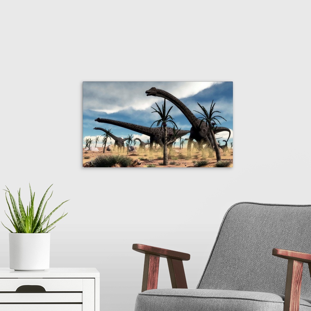 A modern room featuring A herd of Diplodocus dinosaurs walking in a desert landscape.