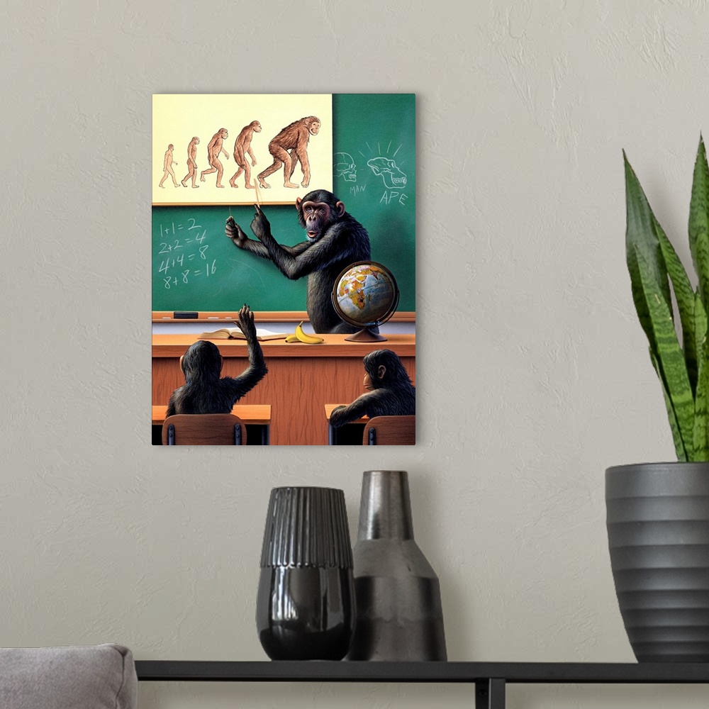 A modern room featuring A humorous view of the reverse evolution of man.