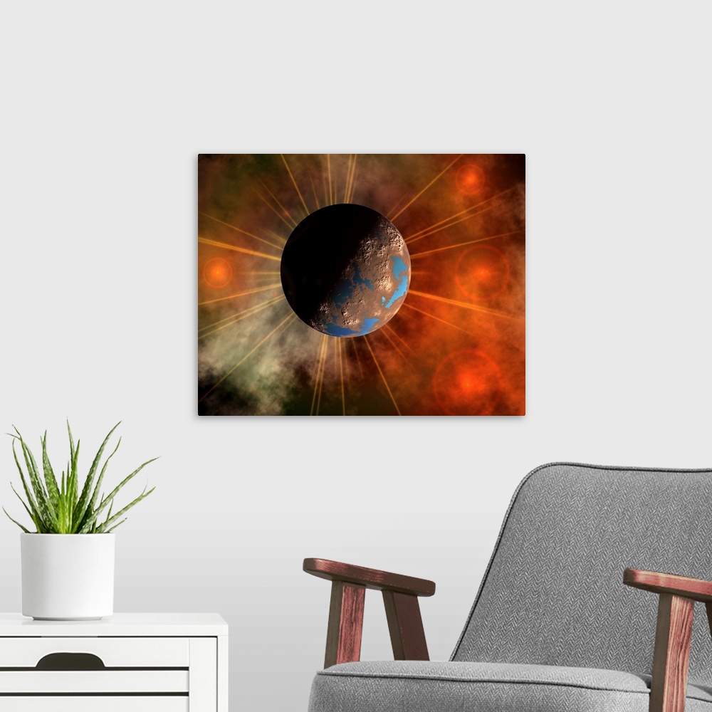 A modern room featuring This artist's conceptual image depicts a hypothetical planet amongst the stars. The planet has vi...