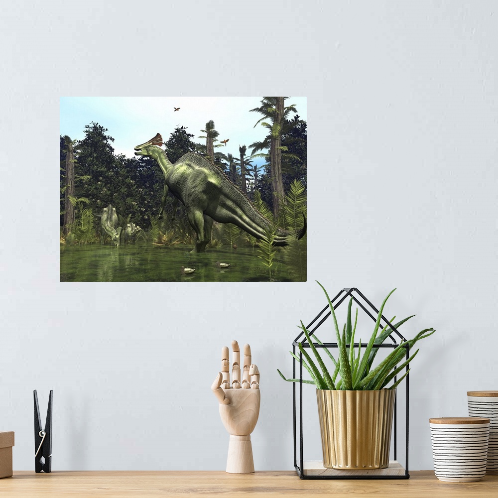 A bohemian room featuring In a scene 75 million years ago from what's now Montana, a six ton male Lambeosaurus rears onto i...