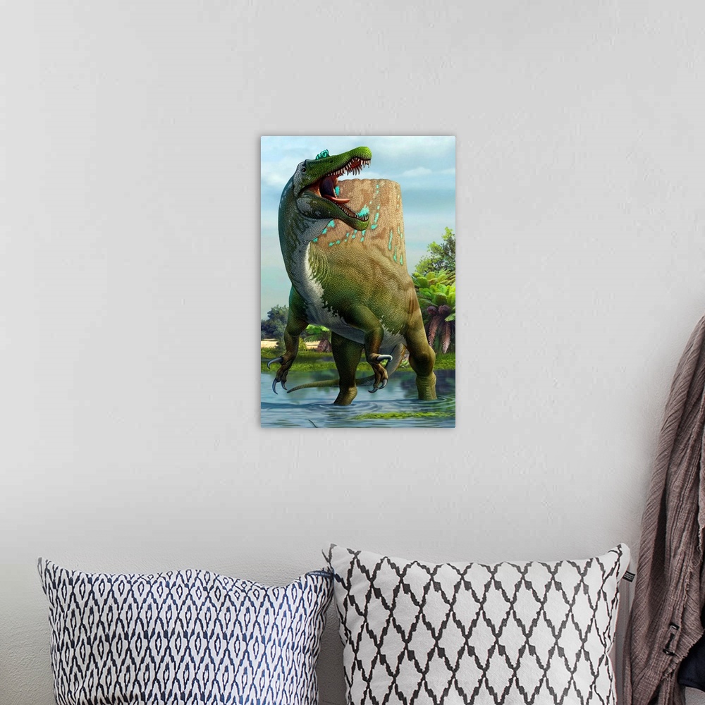A bohemian room featuring A large Spinosaurus lets out a loud roar to claim its territory.