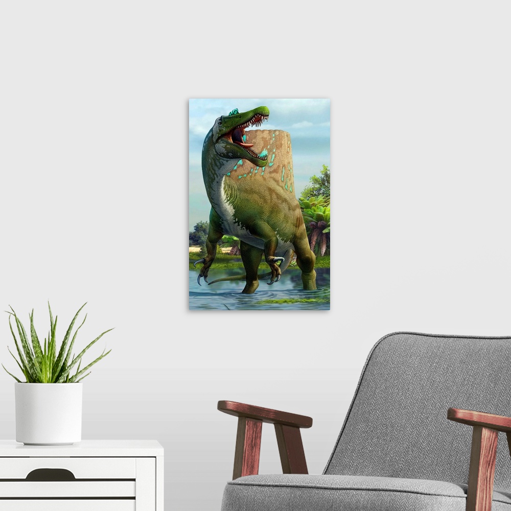 A modern room featuring A large Spinosaurus lets out a loud roar to claim its territory.