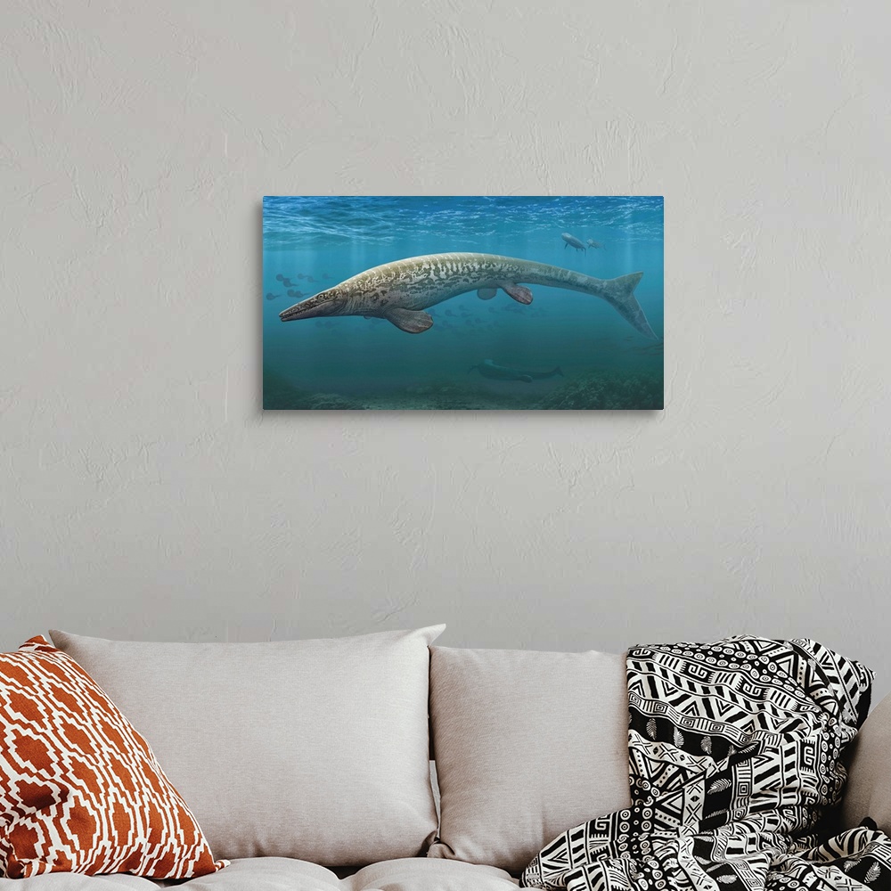 A bohemian room featuring A large Tylosaurus aquatic reptile searches the Cretaceous waters for food.