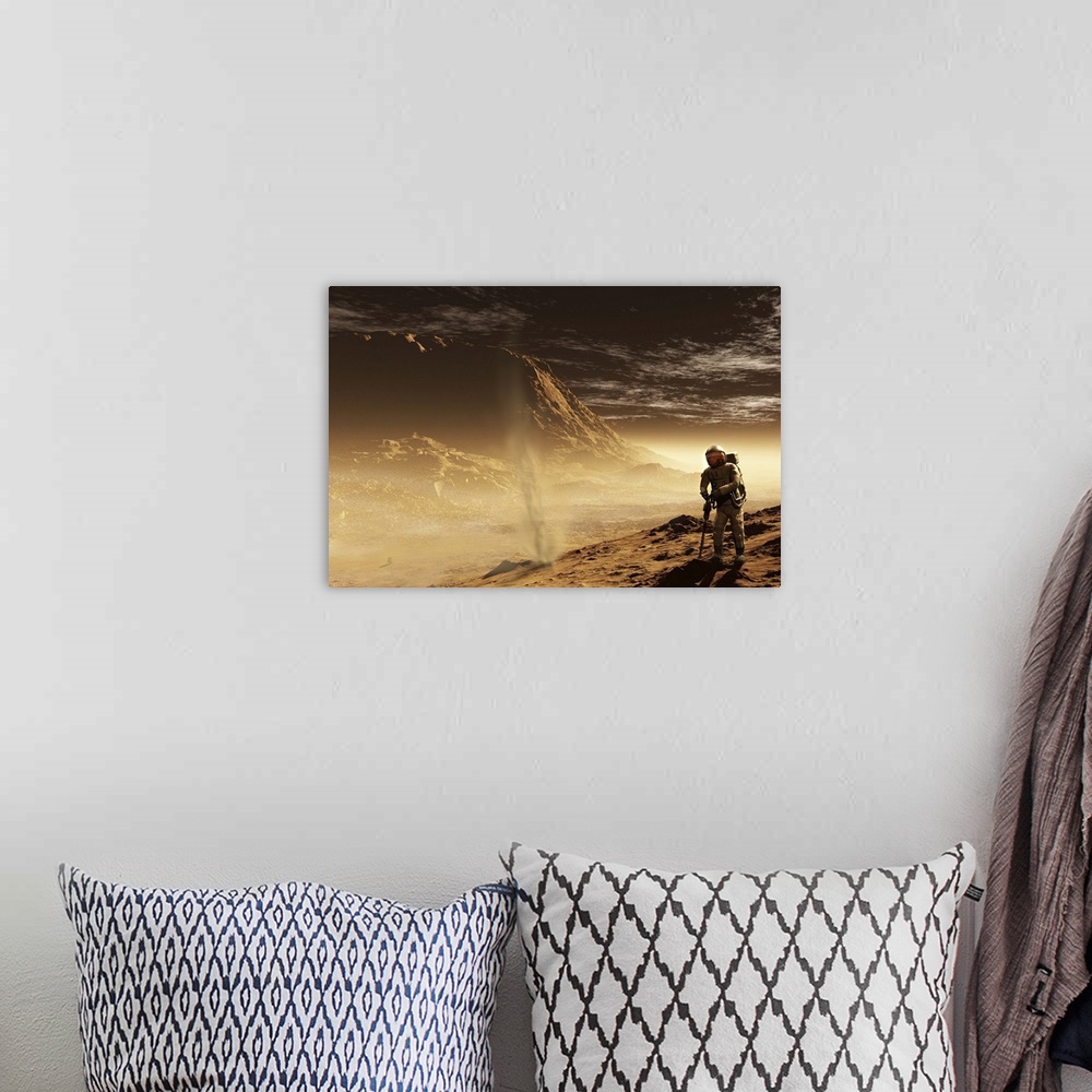 A bohemian room featuring A lone astronaut drills into the regolith of Gale Crater with only a passing dust devil as compan...