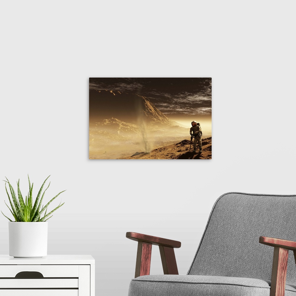 A modern room featuring A lone astronaut drills into the regolith of Gale Crater with only a passing dust devil as compan...