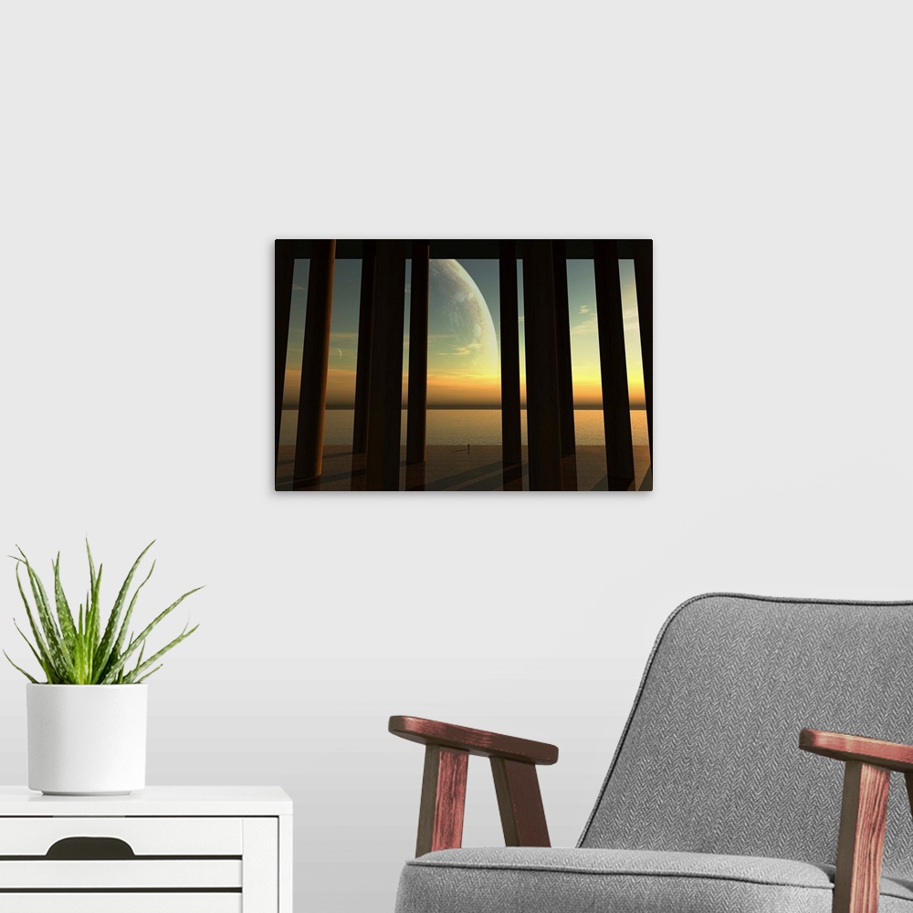 A modern room featuring A lonesome explorer is enjoying a moment of silence. He is standing on the edge of an ocean, behi...