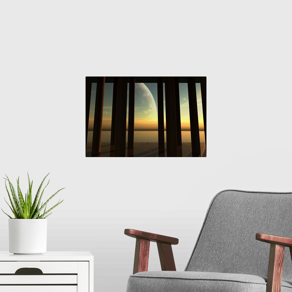 A modern room featuring A lonesome explorer is enjoying a moment of silence. He is standing on the edge of an ocean, behi...