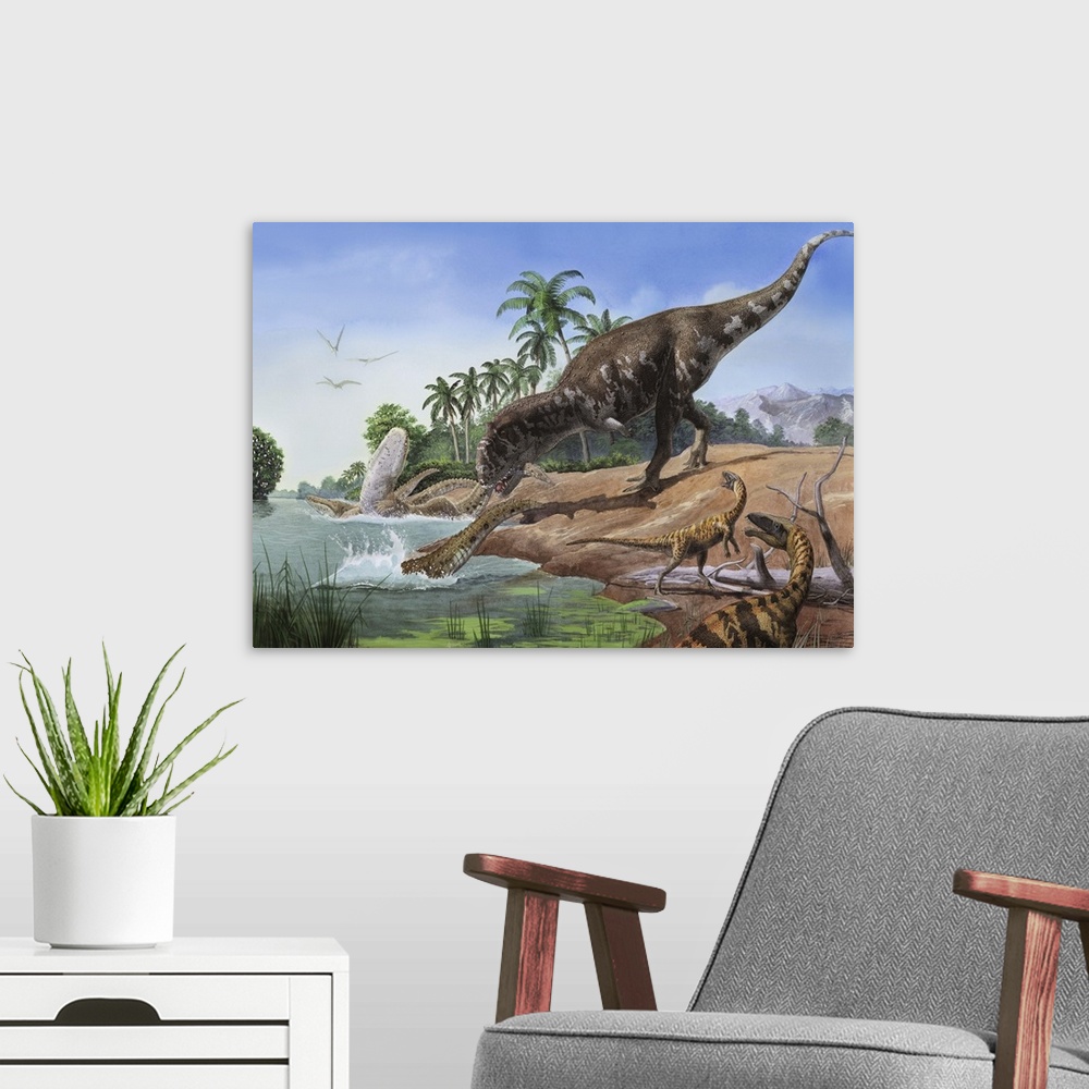 A modern room featuring A Majungasaurus grabs the tail of a crocodilian Mahajangasuchu.
